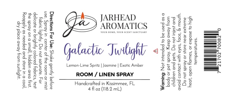 Label for Jarhead Aromatics Galactic Twilight Room & Linen Spray, a luxurious home fragrance featuring notes of bergamot, amber, and sandalwood. Directions: Spritz lightly around the room or onto linens for an inviting scent experience. Warnings: For external use only. Avoid contact with eyes; keep out of reach of children and pets. Ingredients listed on label. Jarhead Aromatics branding and.