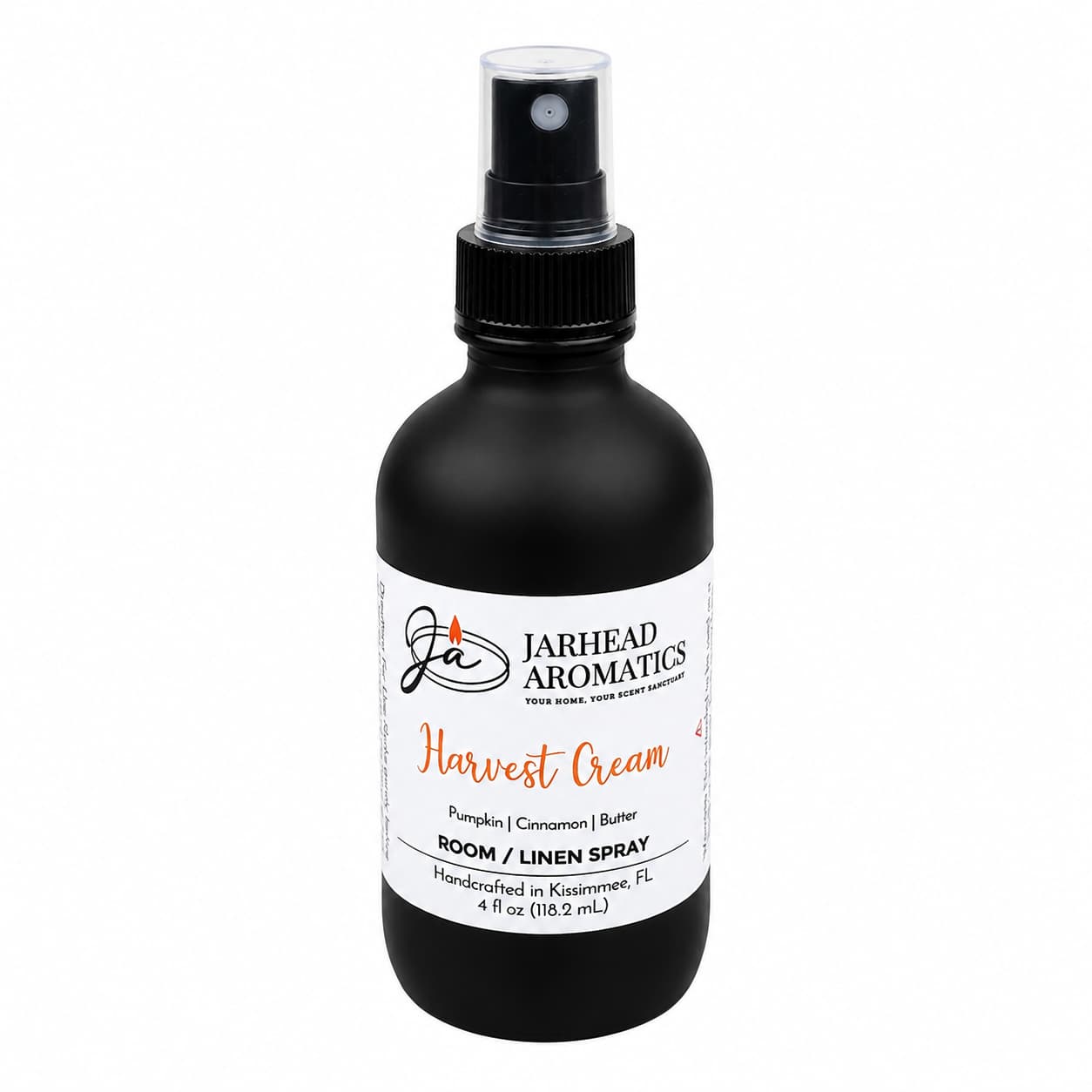Introducing the Jarhead Aromatics Harvest Cream Room & Linen Spray—a black spray bottle containing 4 fl oz of a handcrafted home fragrance blend. Scented with pumpkin spice, brown sugar, and vanilla cream, this gourmand room or linen spray is made in Kissimmee, FL and offers a comforting autumnal aroma perfect for any space.