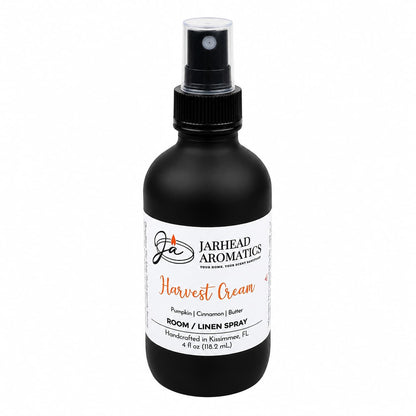 Introducing the Jarhead Aromatics Harvest Cream Room & Linen Spray—a black spray bottle containing 4 fl oz of a handcrafted home fragrance blend. Scented with pumpkin spice, brown sugar, and vanilla cream, this gourmand room or linen spray is made in Kissimmee, FL and offers a comforting autumnal aroma perfect for any space.