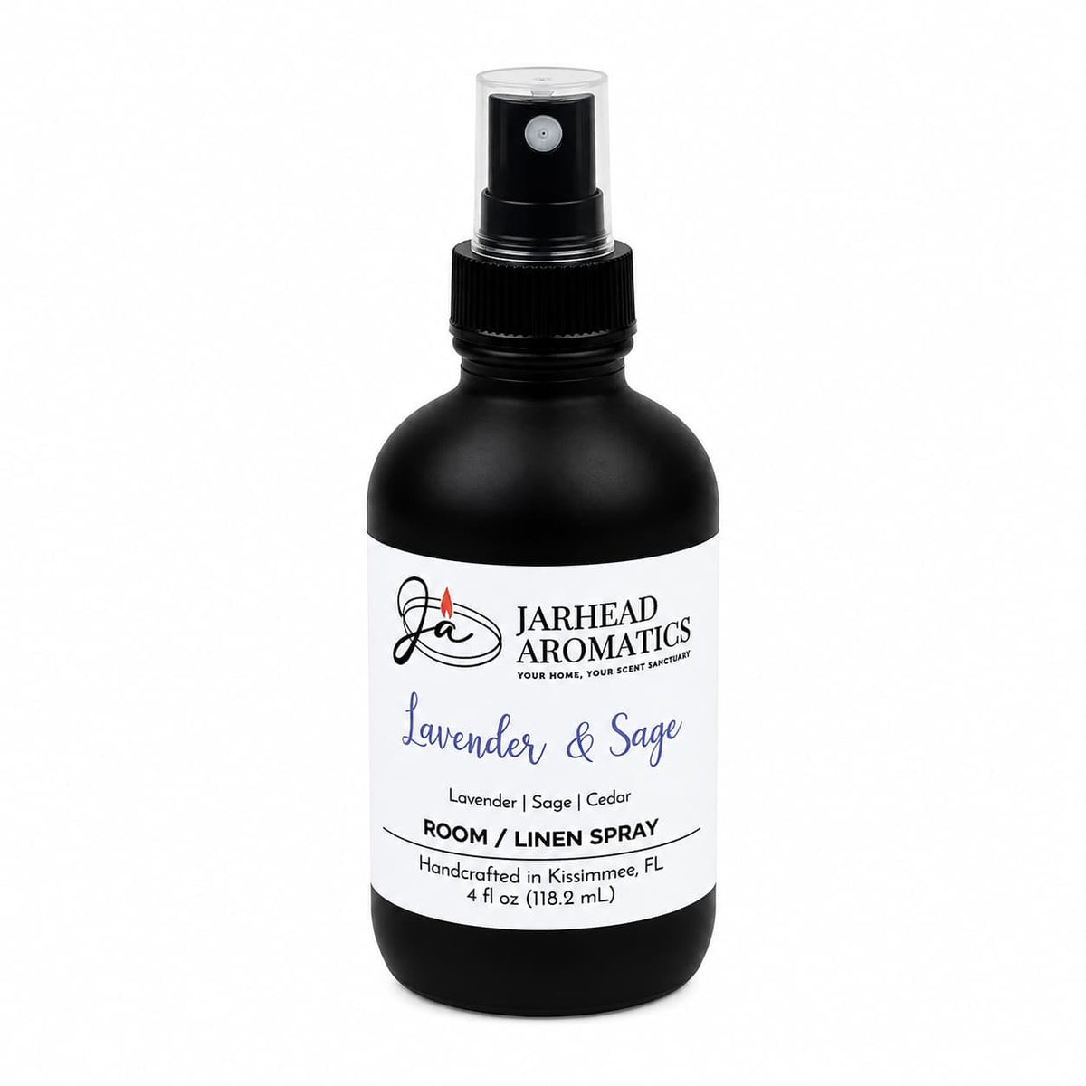 A black spray bottle labeled Jarhead Aromatics Lavender & Sage Room & Linen Spray | Lavender, Sage & Sandalwood offers a calming home fragrance with soothing notes of lavender, sage, and sandalwood. Handcrafted in Kissimmee, FL, this room and linen spray is perfect for refreshing any space or as a linen spray. The bottle size is 4 fl oz (118.2 ml).