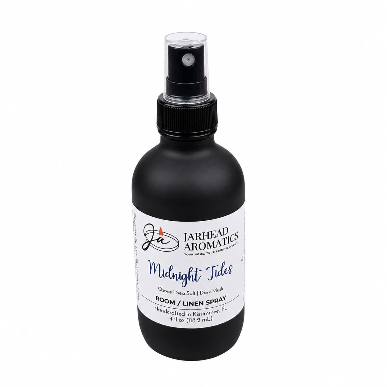 A black spray bottle with a white label and black cap, Jarhead Aromatics Midnight Tides Room & Linen Spray (4 fl oz / 118.2 ml) is hand-crafted in Kissimmee, FL. Featuring notes of sea salt, sandalwood, and dark musk, this spray infuses any room or linen with a clean coastal scent.