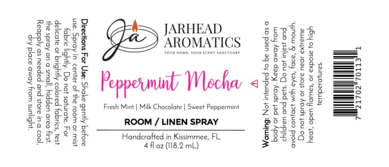 Product label for Peppermint Mocha Room & Linen Spray | Chocolate Mint & Vanilla, listing ingredients, directions for use, warnings, and a barcode for this holiday room fragrance.