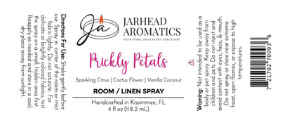 White label for Jarhead Aromatics Prickly Petals Room & Linen Spray | Cactus Flower, Coconut & Sandalwood featuring directions, warnings, ingredients, logo, and barcode. Enjoy a refreshing scent inspired by a desert oasis with notes of cactus flower, coconut, and sandalwood. Fragrance notes: cactus flower, coconut, sandalwood.