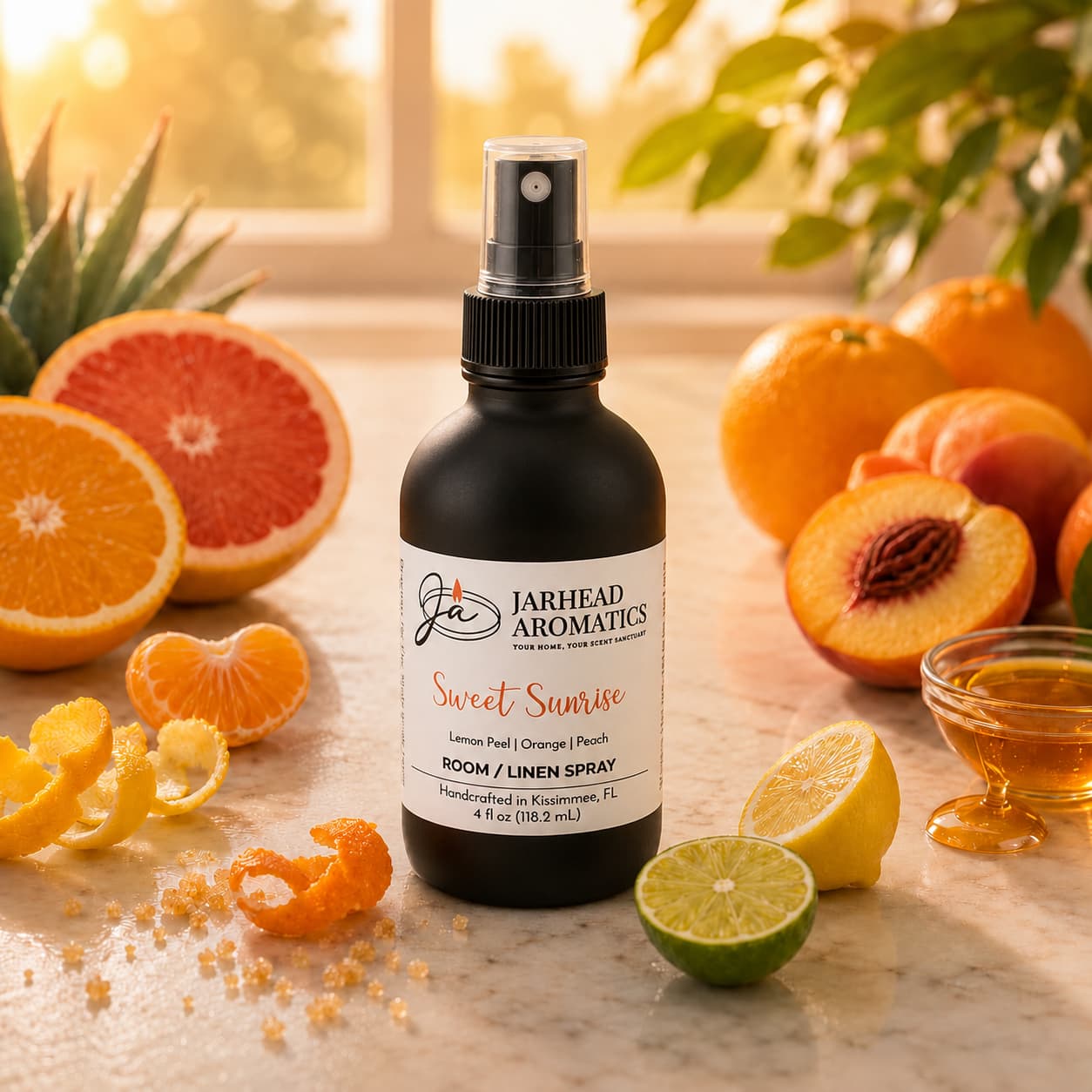 A bottle of Jarhead Aromatics Sweet Sunrise Room & Linen Spray | Lemon, Orange, Peach & Citrus rests on a marble surface, surrounded by fresh lemons, oranges, and peaches in warm natural sunlight. This vibrant room spray fills your space with a bright citrus fragrance blend for an inviting atmosphere.