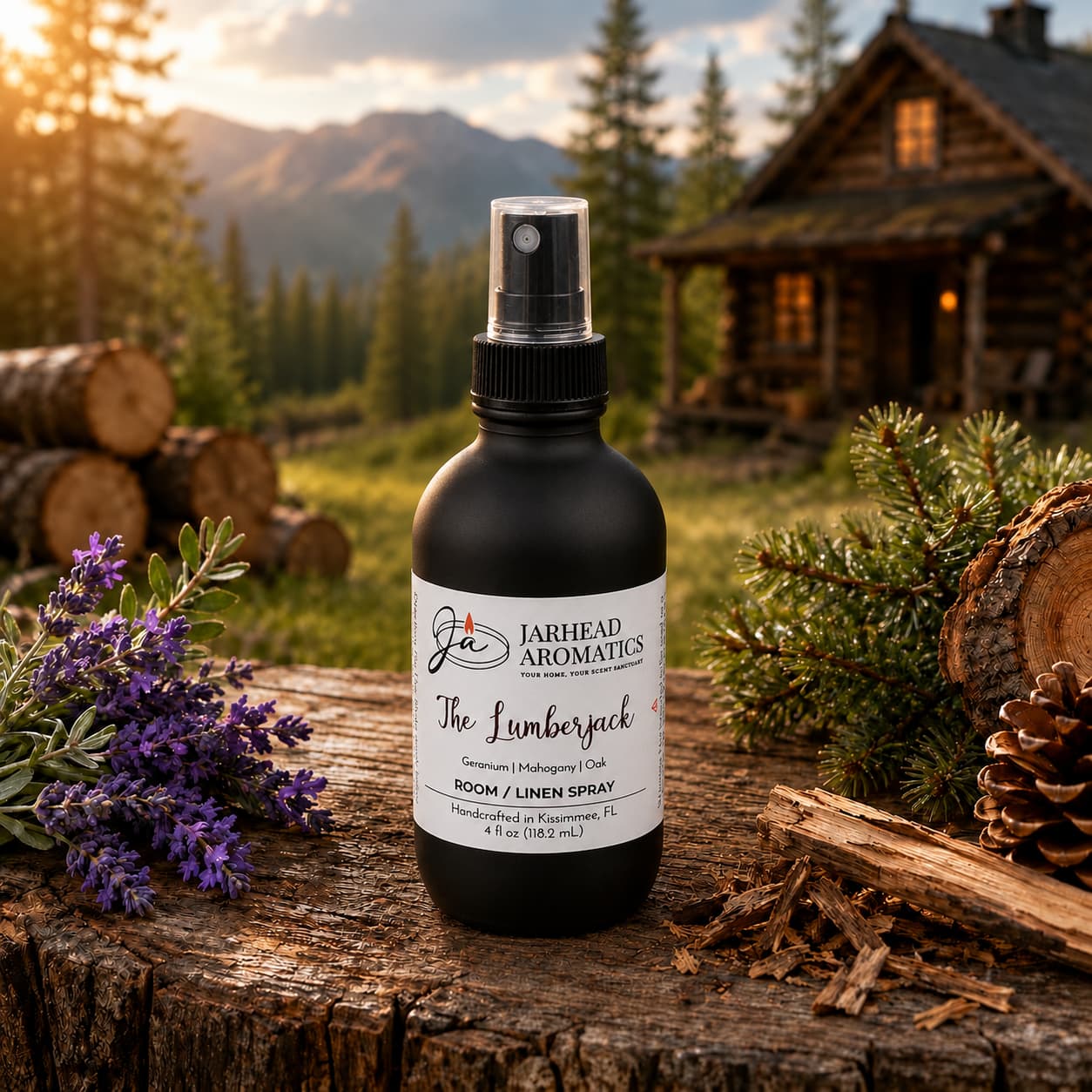 A bottle of Jarhead Aromatics The Lumberjack Room & Linen Spray | Mahogany, Cedarwood & Oak rests outdoors among pine branches and lavender, with a rustic log cabin, trees, and mountains in the background—perfect for filling your space with an inviting woodsy home fragrance.