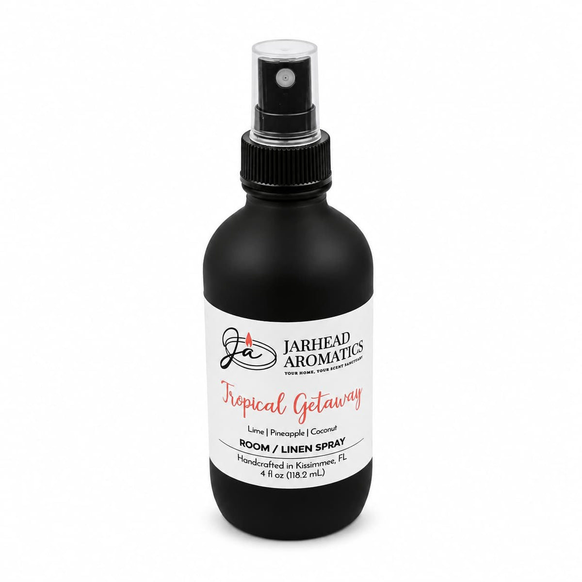 A black spray bottle labeled Jarhead Aromatics Tropical Getaway Room & Linen Spray delivers an irresistible home fragrance with refreshing notes of coconut, mango, and pineapple. Handcrafted in Kissimmee, FL, this tropical room spray is available in a convenient 4 fl oz (118.2 mL) size.
