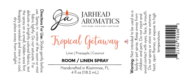 Label for Jarhead Aromatics Tropical Getaway Room & Linen Spray, with directions, warning, scent notes (coconut, mango, pineapple), and product details in black and orange text on a white background. Elevate your home fragrance experience with this vibrant Tropical Getaway spray by Jarhead Aromatics—an invigorating blend of coconut, mango, and pineapple designed to whisk you away to paradise.