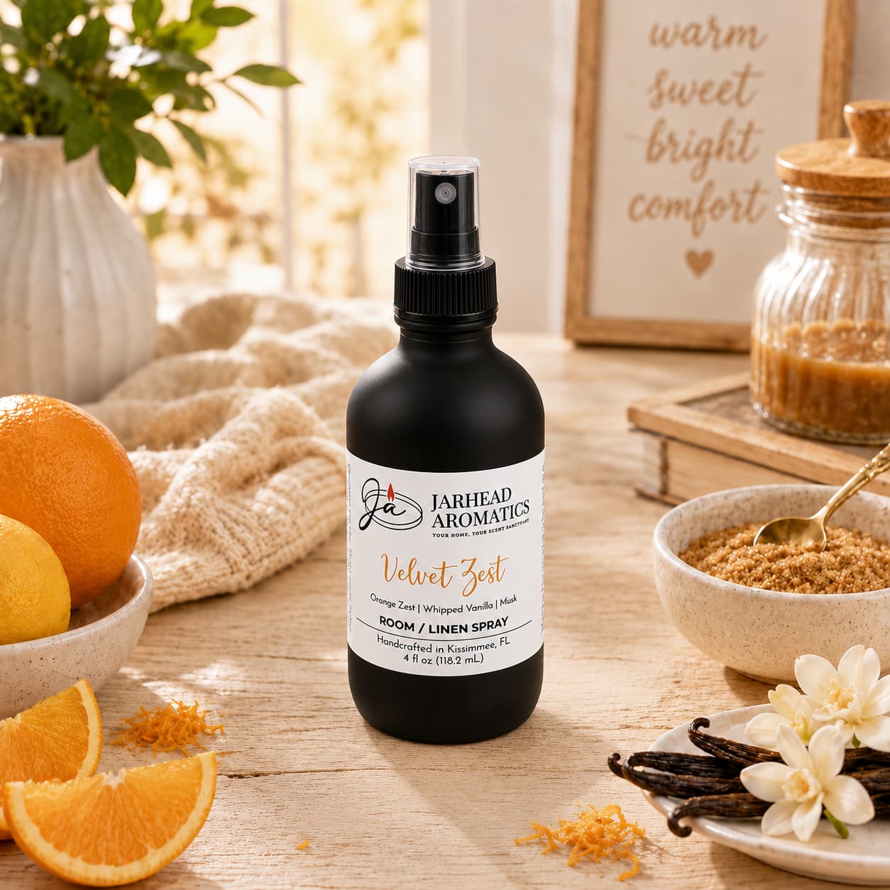 A bottle of Jarhead Aromatics’ Velvet Zest Room & Linen Spray | Citrus, Vanilla & Brown Sugar rests on a wooden table surrounded by orange slices, vanilla beans, white flowers, and a cozy sign that reads “warm sweet bright comfort” in the background—perfectly reflecting the inviting essence of this citrus vanilla home fragrance.