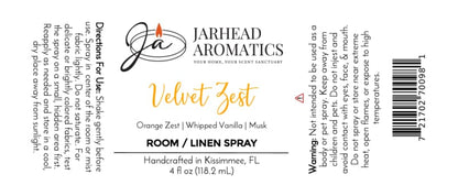 White label for Jarhead Aromatics Velvet Zest Room & Linen Spray | Citrus, Vanilla & Brown Sugar—the ultimate home fragrance. Experience a fresh burst of citrus, vanilla, and brown sugar in every spritz. Includes directions, ingredients (orange zest, whipped vanilla, brown sugar, musk), warning statement, barcode, and “Handcrafted in Kissimmee, FL.” 4 fl oz (118.2 ml).
