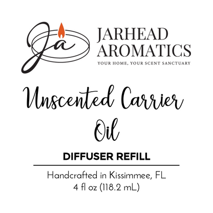 Jarhead Aromatics Unscented Carrier Oil - Diffuser Refill, 4 fl oz (118.2 mL), handcrafted in Kissimmee, FL. Ideal for blending with essential oils. White label with flame logo and product details.