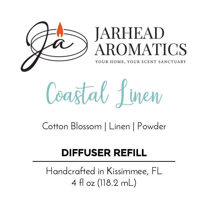 Jarhead Aromatics Coastal Linen - Diffuser Refill, featuring a candle logo and notes of cotton blossom, linen, and powder. Handcrafted in Kissimmee, FL with essential oils, 4 fl oz (118.2 mL). Enjoy a coastal retreat at home.