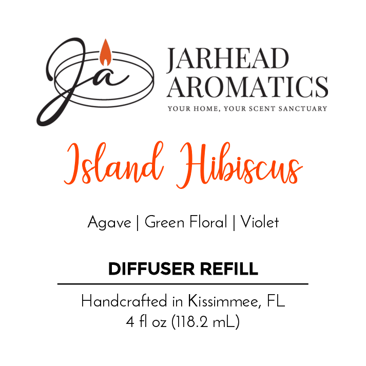 Jarhead Aromatics Island Hibiscus Diffuser Refill features agave, green floral, and violet scents for a tropical vibe. Handcrafted in Kissimmee, FL. Net contents: 4 fl oz (118.2 mL).
