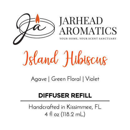 Jarhead Aromatics Island Hibiscus Diffuser Refill features agave, green floral, and violet scents for a tropical vibe. Handcrafted in Kissimmee, FL. Net contents: 4 fl oz (118.2 mL).