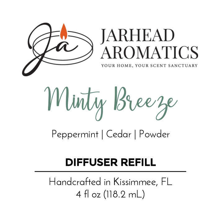 Jarhead Aromatics Minty Breeze - Diffuser Refill: 4 fl oz (118.2 mL), handcrafted in Kissimmee, FL, with peppermint, eucalyptus, cedar, and powder scents.