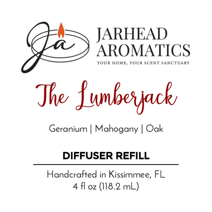 Jarhead Aromatics’ The Lumberjack - Diffuser Refill features an outdoor-inspired blend of geranium, mahogany, and oak; handcrafted in Kissimmee, FL. Contains 4 fl oz (118.2 mL).