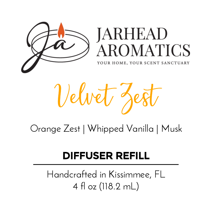 Jarhead Aromatics Velvet Zest Diffuser Refill: handcrafted in Kissimmee, FL with notes of orange zest, whipped vanilla, musk, and earthy essential oils. Net wt 4 fl oz (118.2 mL).