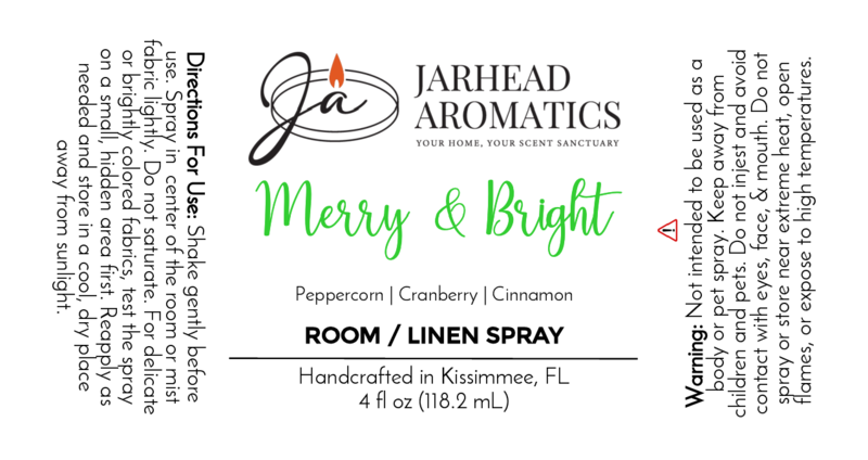 The Jarhead Aromatics Merry & Bright - Room / Linen Spray, Winter Collection, features a festive holiday scent with peppercorn, cranberry, and cinnamon. Fragrance details, instructions, and warnings are printed in black and green on white.