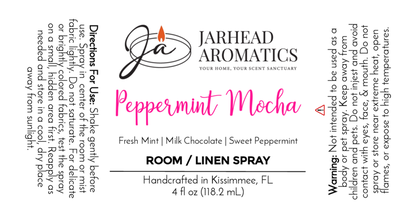 Label for Jarhead Aromatics Peppermint Mocha - Room / Linen Spray from the Winter Collection. Enjoy notes of fresh mint, milk chocolate, and sweet peppermint. Handcrafted in Kissimmee, FL. 4 oz bottle with directions and warnings included.