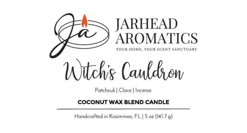 Jarhead Aromatics Witches Cauldron Coconut Wax Blend Candle label features a scripted logo with flame, fragrance notes of patchouli, clove, and incense, plus candle size and location details.