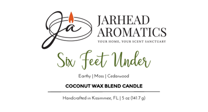 Jarhead Aromatics Six Feet Under - Coconut Wax Blend Candle features earthy moss, decaying leaves, and cedarwood notes. Handcrafted in Kissimmee, FL. Net wt 5 oz (141.7 g).