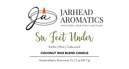 Product label for the Six Feet Under Coconut Wax Blend Candle by Jarhead Aromatics, featuring earthy notes of moss and cedarwood.