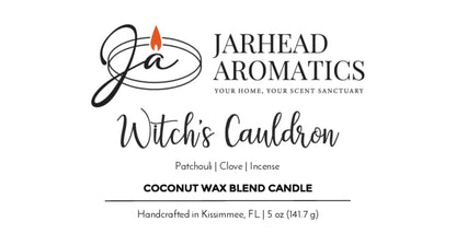 Witches Cauldron Coconut Wax Blend Candle | Patchouli, Clove & Incense label, featuring a coconut wax blend with scent notes of patchouli and clove, infused with witch’s cauldron fragrance oil and incense.