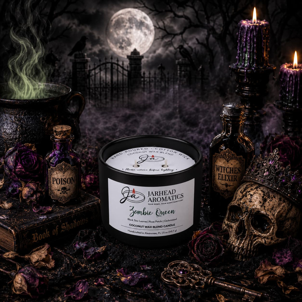 A black Zombie Queen Coconut Wax Blend Candle jar surrounded by a skull wearing a crown, potion bottles, a book, and purple roses against a dark, misty background with a full moon.