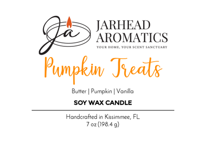 Jarhead Aromatics Pumpkin Treats Soy Wax Candle, Fall Collection. Enjoy a cozy autumn aroma of buttery pumpkin and vanilla. Handcrafted in Kissimmee, FL. Net weight: 7 oz (198.4 g).