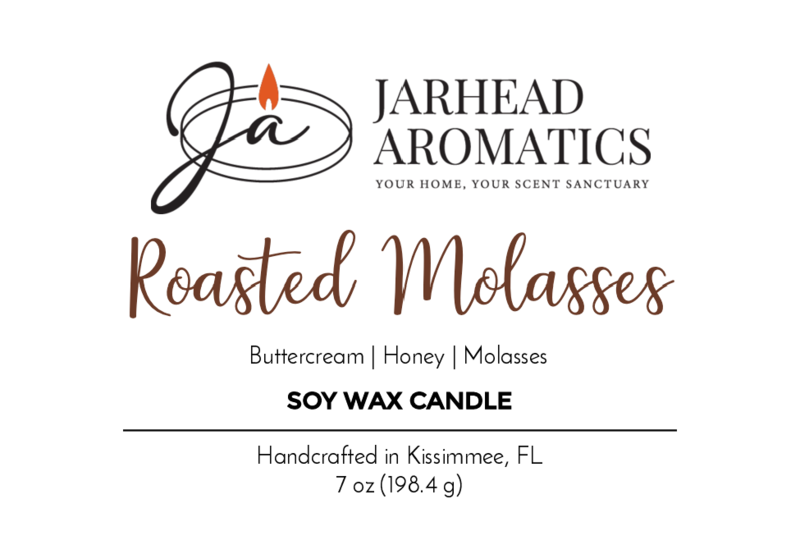 Jarhead Aromatics Roasted Molasses - Soy Wax Candle, part of the Fall Collection. Enjoy a cozy blend of buttercream, honey, and caramelized molasses. Handcrafted in Kissimmee, FL. 7 oz (198.4 g).