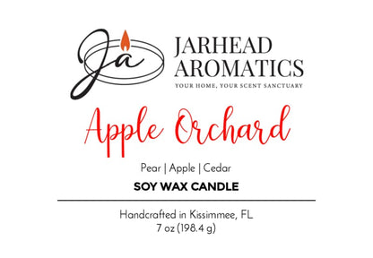 Label of a 7 oz (198.4 g) Jarhead Aromatics Apple Orchard Soy Wax Candle | Pear, Apple & Cedar, handcrafted in Kissimmee, FL.