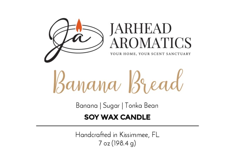 Product label for a Jarhead Aromatics Banana Bread Soy Wax Candle | Banana, Sugar & Tonka Bean, handcrafted in Kissimmee, FL.