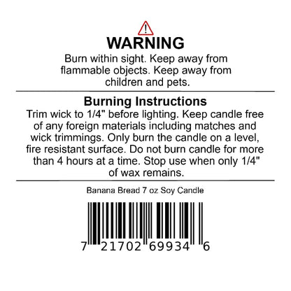 Warning and burning instructions for a 7 oz Banana Bread Soy Wax Candle | Banana, Sugar & Tonka Bean by Jarhead Aromatics, including a barcode.