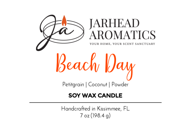 Beach Day - Soy Wax Candle by Jarhead Aromatics features petitgrain, coconut, and powder notes. Handcrafted in Kissimmee, FL with essential oils, this 7 oz (198.4 g) summer scent candle is made from soy wax.