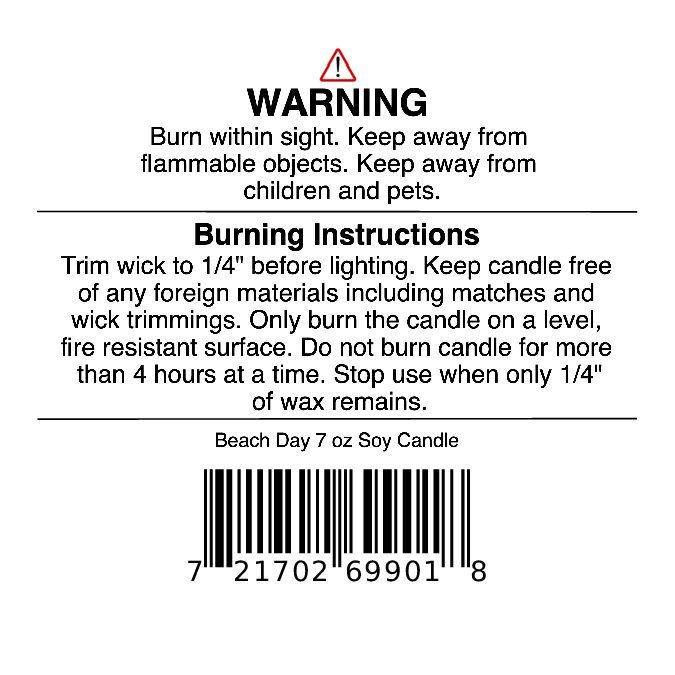 Candle warning label with safety instructions, burning directions, barcode, and text advising to trim wick, keep away from flammable objects, and not burn for more than 4 hours at a time. Specially designed for the Beach Day Soy Wax Candle | Coconut, Citrus & Coastal Breeze Candle by Jarhead Aromatics, this label helps ensure safe enjoyment of its coastal-inspired fragrance and long-lasting scent.