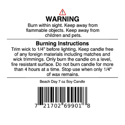 Candle warning label with safety instructions, burning directions, barcode, and text advising to trim wick, keep away from flammable objects, and not burn for more than 4 hours at a time. Specially designed for the Beach Day Soy Wax Candle | Coconut, Citrus & Coastal Breeze Candle by Jarhead Aromatics, this label helps ensure safe enjoyment of its coastal-inspired fragrance and long-lasting scent.