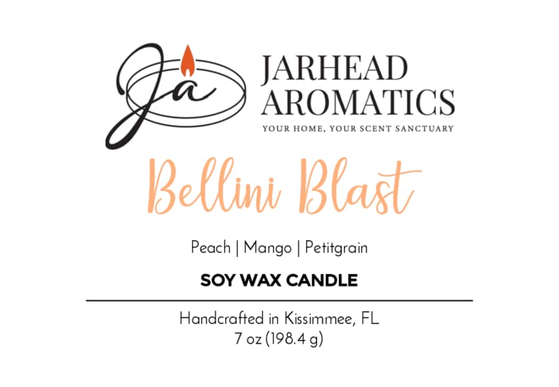 Jarhead Aromatics Bellini Blast Soy Wax Candle | Peach, mango & tangerine scent. Handcrafted in Kissimmee, FL. Net wt: 7 oz (198.4 g). Logo and flame illustration at top.
