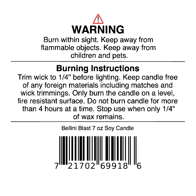 Warning label for Jarhead Aromatics Bellini Blast Soy Wax Candle (Peach, Mango & Tangerine): trim wick, burn away from children, pets, flammable items; safety info included; barcode on bottom.
