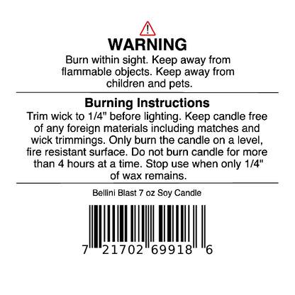 Warning label for Jarhead Aromatics Bellini Blast Soy Wax Candle (Peach, Mango & Tangerine): trim wick, burn away from children, pets, flammable items; safety info included; barcode on bottom.