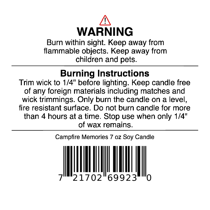 Jarhead Aromatics Candle warning label with important safety and burning instructions, barcode, and the product name Campfire Memories Soy Wax Candle | Smoky Embers, Maple, Moss & Patchouli Fall Candle (7 oz). This autumn fragrance soy wax candle provides clear guidelines such as trimming the wick and burning your Jarhead Aromatics Campfire Memories candle on a stable surface.