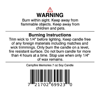 Jarhead Aromatics Candle warning label with important safety and burning instructions, barcode, and the product name Campfire Memories Soy Wax Candle | Smoky Embers, Maple, Moss & Patchouli Fall Candle (7 oz). This autumn fragrance soy wax candle provides clear guidelines such as trimming the wick and burning your Jarhead Aromatics Campfire Memories candle on a stable surface.