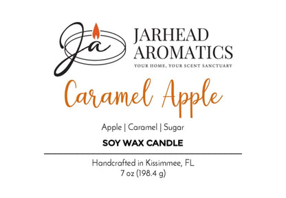 Label for Jarhead Aromatics Caramel Apple Soy Wax Candle | Apple Cider, Caramel & Sugar Candle, handcrafted in Kissimmee, FL. Features captivating notes of apple cider, caramel, and sugar. Net Wt. 7 oz (198.4 g). Includes logo and candle description.