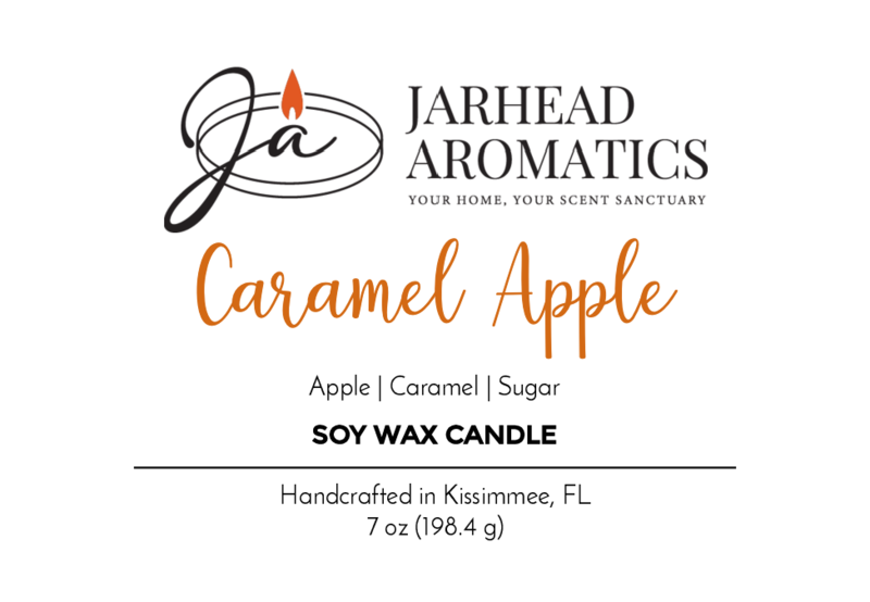 Jarhead Aromatics Caramel Apple - Soy Wax Candle features the classic scent of Granny Smith apples, caramel, and sugar. Handcrafted in Kissimmee, FL. Net wt: 7 oz (198.4 g).