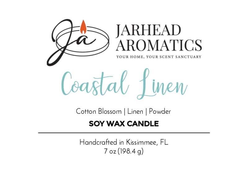 Product label for a Coastal Linen Soy Wax Candle | Cotton Blossom, Linen & Powder by Jarhead Aromatics featuring notes of cotton blossom, linen, and powder.