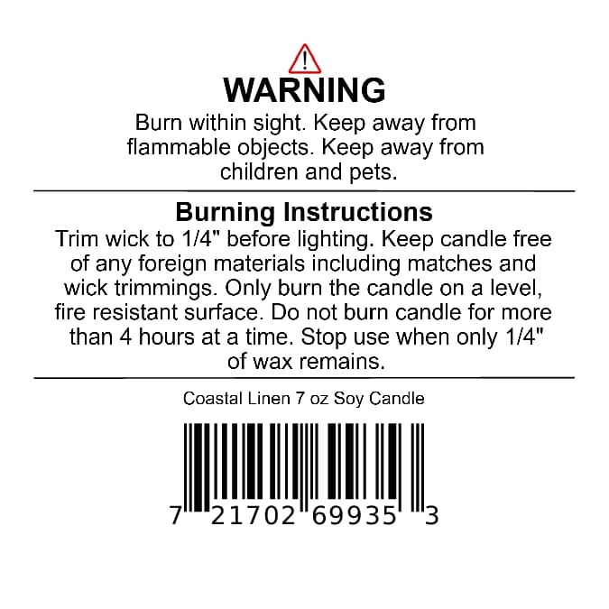 A warning label for a Coastal Linen Soy Wax Candle by Jarhead Aromatics, featuring safety instructions, burning directions, and a product barcode.