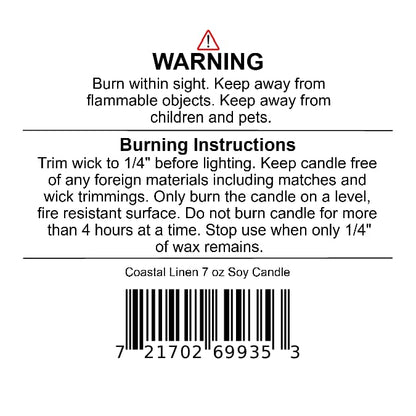 A warning label for a Coastal Linen Soy Wax Candle by Jarhead Aromatics, featuring safety instructions, burning directions, and a product barcode.