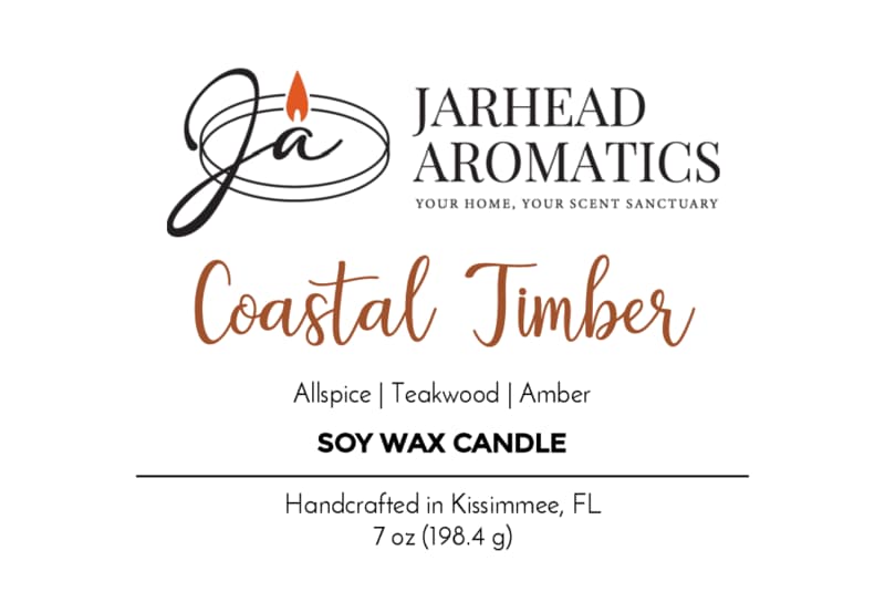 Jarhead Aromatics Coastal Timber Soy Wax Candle | Teakwood, Leather & Amber Candle features a woodsy blend of teakwood, leather, and amber; handcrafted in Kissimmee, FL. 7 oz (198.4 g). Your home, your scent sanctuary.