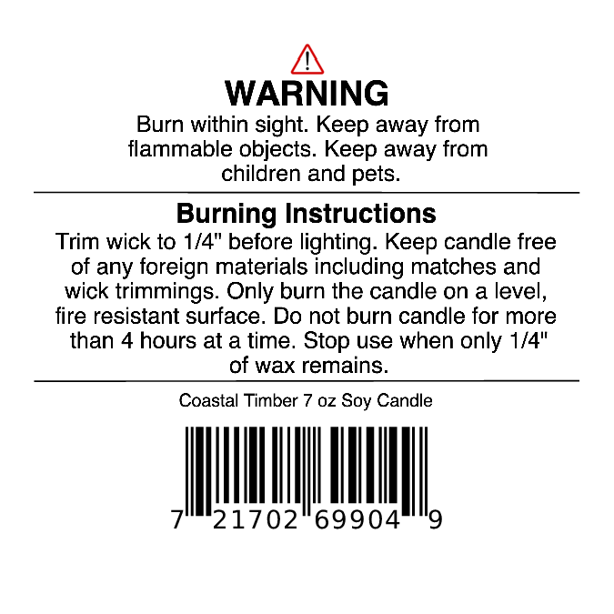 Candle warning label with safety and burning instructions, barcode, and product name Coastal Timber Soy Wax Candle | Teakwood, Leather & Amber Candle by Jarhead Aromatics on a white background. This masculine candle features a woodsy blend of teakwood, leather, and amber—perfect for adding rugged elegance to any space.