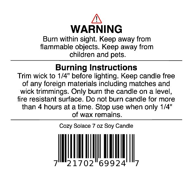 Candle warning label with burn instructions, safety warnings, and a barcode; mentions Jarhead Aromatics Cozy Solace Soy Wax Candle (7 oz), hand-poured with an inviting blend of fresh greens, jasmine, oak moss & musk—a perfect fall fragrance.