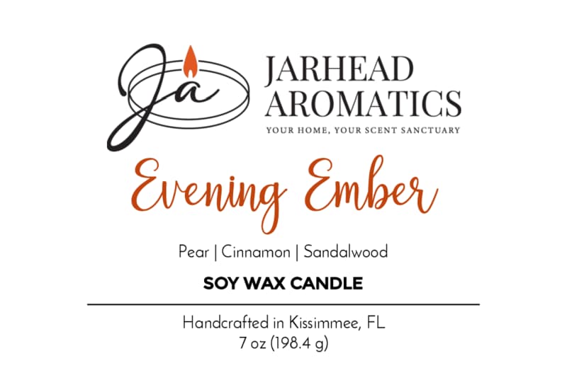 Jarhead Aromatics Evening Ember Soy Wax Candle label. Scents: plum, sandalwood, smoke. Handcrafted in Kissimmee, FL. 7 oz (198.4 g). Logo features a small orange flame above the stylized Jarhead Aromatics initials.