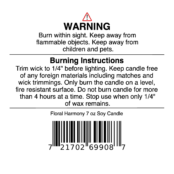 Warning and burning instructions for your 7 oz Floral Harmony Soy Wax Candle by Jarhead Aromatics (Gardenia, Jasmine & Tuberose): For safe use, keep away from children, pets, and flammable objects. Trim the wick to 1/4 inch before each burn to enjoy a clean, long-lasting fragrance from this hand-poured candle. Barcode included at the bottom.
